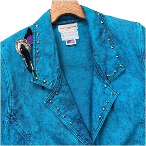 Vintage Sundance Denim Jacket Womens M Southwestern Teal Aztec  Made In USA
